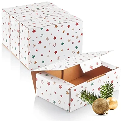 Image de com four® 4X Coffrets Cadeaux pour Noël avec Motifs de boîte Pliante en Carton Solide Pliable (4 pièces Blanc étoiles/Flocon Neige)