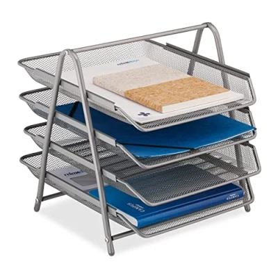 Image de Relaxdays Porte courriers, Range Documents pour Format A4, 4 Compartiments, 32,5 x 30 35 cm, Aspect Maille, argenté