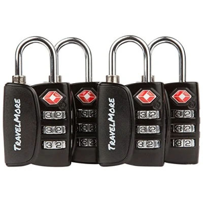 Image de Paquet de 4 Cadenas certifiés TSA à Code 3 Chiffres avec indicateur d&#039;alerte d&#039;ouverture, pour Valise Voyage et Bagages (Noir)
