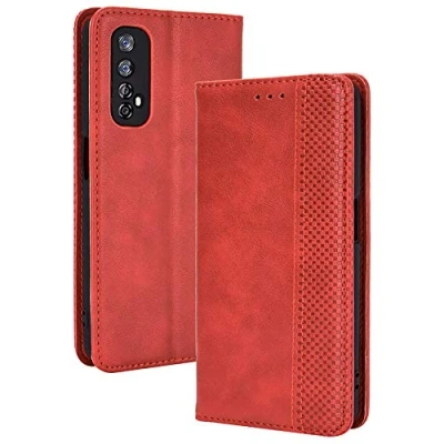 Image de TANYO Housse Folio en Cuir pour Oppo Realme 7 4G (Not for 5G Version) Coque, Premium PU/TPU Flip Étui Portefeuille avec Fentes Cartes, Pochette Protector Etui Case Cover Rouge