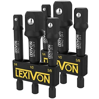 Image de Jeu de 6 adaptateurs porte douille 3&quot; = 7,5cm long, Entraînement pans (1/4&quot; 6,35, 1/2&quot; 9.5, 3/8&quot; 12,7mm) Socket Adaptor Converter Set, tournevis embout ou une perceuse visseuse