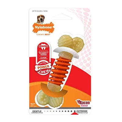 Image de Nylabone os à ronger et jouet dentaire pour les mâcheurs agressifs, doublement texturé strié, goût bacon moyen Convient aux chiens pesant jusqu’à 16 kilos