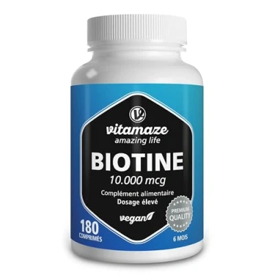 Image de Biotine 10.000 mcg Pousse des Cheveux 180 Comprimés pour 6 Mois Vitamine B7 Pure Compléments Alimentaires Cheveux, Ongles et Peau sans Additifs Inutiles