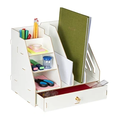 Image de Relaxdays Organiseur bureau, 3 porte documents, étagères, 2 stylos, 1 tiroir, école, DIY, MDF, blanc