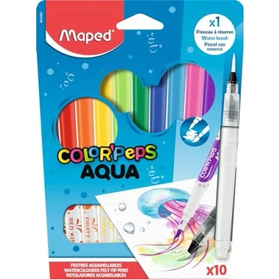 Image de Maped Feutre de coloriage feutres aquarelles AQUA enfant à pointe pinceau Couleurs lumineuses Encre lavable l’eau Etui 10
