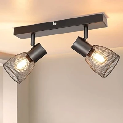 Image de Dehobo Plafonnier LED, Spot Orientable avec Douille E14, Rampe Spots et Rails de Abat Jour en Maille Métallique, sans Ampoules, 2 Industriel pour Cusine Chambre…