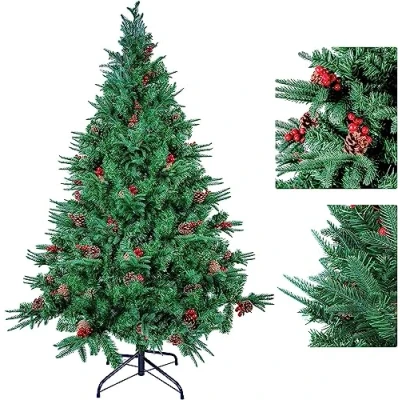 Image de himaly Sapin de Noel Artificiel 180 cm, avec 588 Tronc Vert en Matière PVC, 100 PE, 53 Pommes Pin Vraies, Fruits Rouges, et Support Métal Robuste