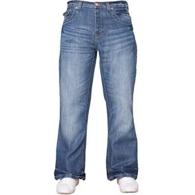 Image de APT Hommes Basique Bleu Coupe Bottillon Jambe Large évasé Travail Jeans décontracté Grandes Tailles Disponible en 3 Couleurs Délavage Léger, 34W x 34L