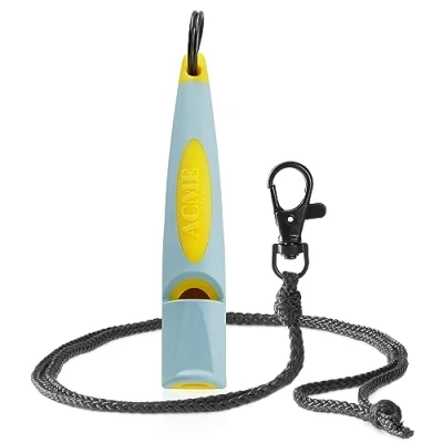 Image de ACME sifflet pour chien n 211,5 (mise à jour 2023) avec bande de gratuite en noir mat Alpha Idéal le rappel Grande portée Norme fréquence (bleu bébé/jaune)