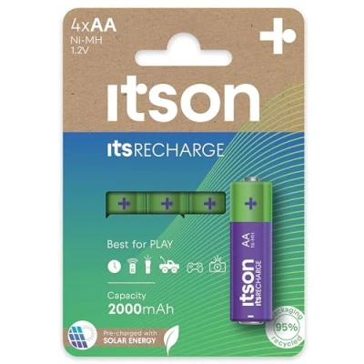 Image de ITSON, AA piles rechargeables, lot de 4, capacité Min. 2000 mAh, pré chargées, emballage à 95% matériaux recyclés, made in Japan, idéales pour télécommandes, torches, horloges