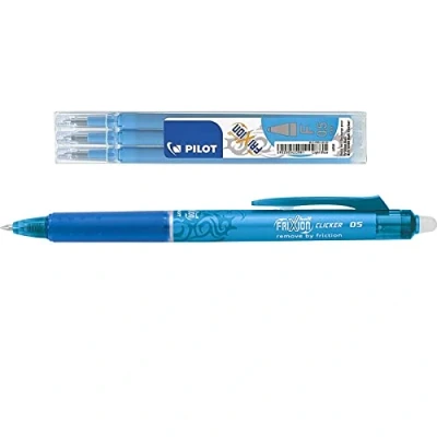 Image de Pilot Lot d&#039;un Stylo FriXion Ball Clicker 0.5 Roller Effaçable Bleu Turquoise + 1 Set de 3 Recharges Pointe Fine