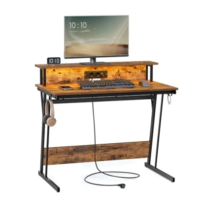 Image de VASAGLE Bureau Gaming avec LED et Multiprise, Table Gamer, Informatique Rehausseur d’Écran, pour 2 Ordinateurs, Chambre, 60 x 100 76 cm, Marron Rustique LWD191K01
