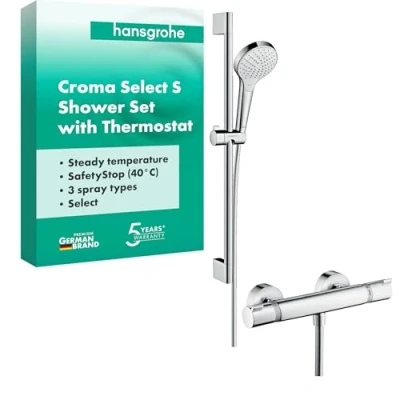 Image de hangrohe Croma Select S Set de douche, Ensemble douche avec mitigeur thermostatique, douchette, barre 65cm, support et flexible 160cm , Blanc/chromé, 27013400