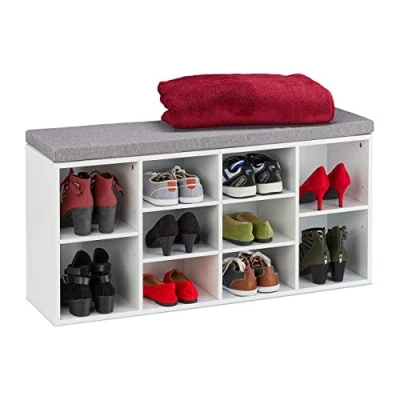 Image de Relaxdays Banc à Chaussures avec siège, 10 Compartiments, HLP: 52,5 x 104 30 cm, Banquette, rembourré, Blanc
