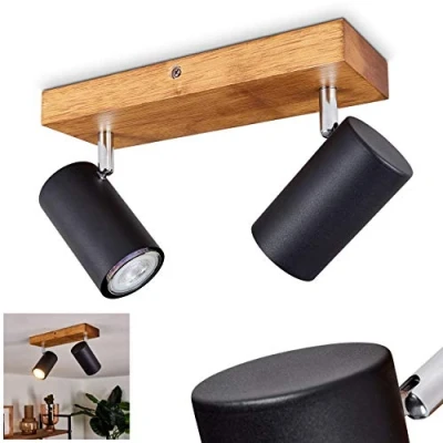 Image de Plafonnier Zuoz en bois &amp; métal noir, spots de plafond rotatifs style moderne, luminaire idéal dans un salon contemporain, pour 2 ampoules GU10, ampoule(s) non incluse(s)