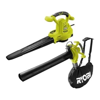Image de RYOBI Souffleur Aspiro Broyeur 2800W 2 en 1 Vitesse Soufflerie 345 km/h Décharge de Traction Travail Confortable dans la Durée Livré avec Harnais Bretelle Vertebrae &amp; Buse Plate RBV2800CSV