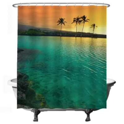 Image de Ulticool Rideau de douche, motif coucher soleil sur la mer, plage, palmier, soleil, 180 x 200 cm, lavable, anti moisissure, avec 12 anneaux, bleu, vert, jaune