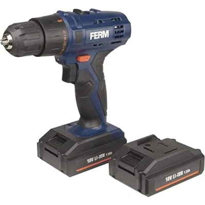 Image de FERM Perceuse sans fil 18V 1.5Ah Li ion 17+1 32Nm Incl. 2 batteries, éclairage LED Adaptée pour bois et métal