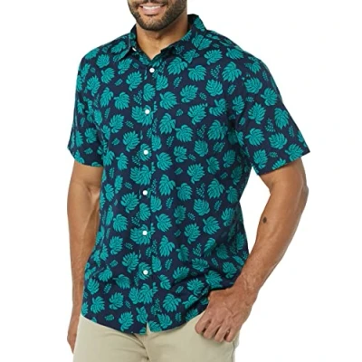 Image de Amazon Essentials Chemise en Popeline à Manches Courtes Coupe Ajustée Homme, Bleu Marine Vert Sarcelle Imprimé Palmes, S