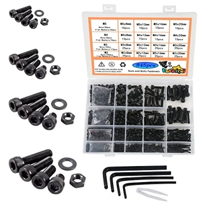 Image de huruirui M2 M3 M4 M5 Écrous et Boulons Rondelles Ensemble Assorti, 945Pièces Noir Hex Socket Head Cap Vis Kit, Filetage Machine Outils Assortiment Kit