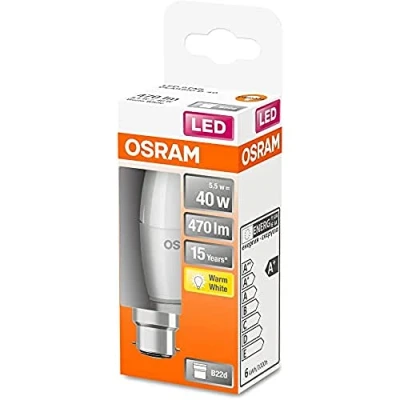 Image de OSRAM LED Star Classic B40, ampoule givrée en forme de bougie, culot B22d, blanc chaud (2700K), 470 lumens, remplace les ampoules classiques 40W, pack 4