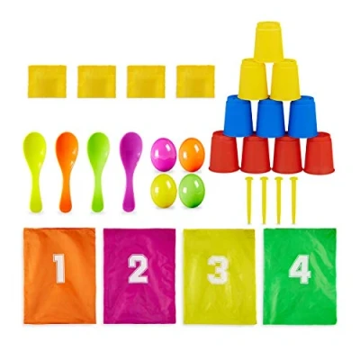 Image de Relaxdays fêtes d’Enfants, Jeu de 3 en 1, Jardin Anniversaire, Saut Sac, Course avec Oeufs, Lancement, 10028884, Multicolore
