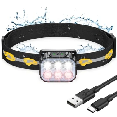 Image de EOIWUY Lampe Frontale LED Ultra Puissante, Rechargeable Étanche avec Lumière Rouge, 6 Modes d&#039;Éclairage &amp; 36H d&#039;Autonomie, 350LM Torche Léger pour Camping/Pêche/Cyclisme/Course