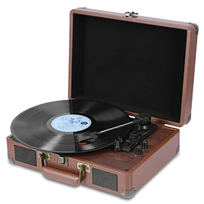 Image de VOKSUN Platines vinyles, Tourne Disque Vinyle Bluetooth avec 33/45/78 RPM, 2 Haut Parleurs Intégrés, Enregistrement vers Audio, RCA/Aux/USB/LP, Design Valise (Rouge Brun)