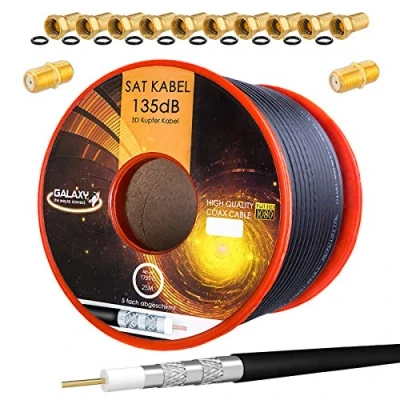 Image de HB Digital Set 25m Coaxial Sat Cable 135db Black + 10x F Connector &amp; 2X Gold Plated CU Copper Satellite Antenna 5 Fold Shielded for DVB S/S2 C/C2 T/T2 Dab+ Radio BK Systems