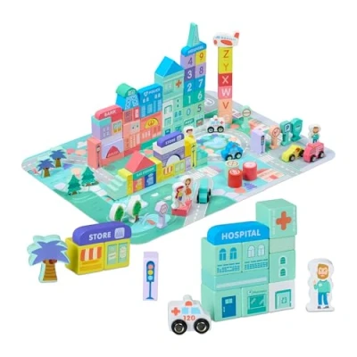 Image de Relaxdays Blocs de Construction Ville, Set A, 108 pièces, Tapis Puzzle, bâtiments, Lettres, Chiffres, Multicolores
