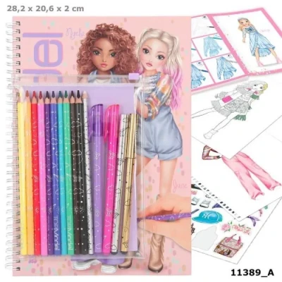 Image de Depesche 11389 TOPModel Kit 76 Pages à colorier et créer des Tenues Tendance, Un livret 14 stylos, 1 Gomme, modèles de coloriage colorés 2 Feuilles d&#039;autocollants, Multicolore Taille Unique
