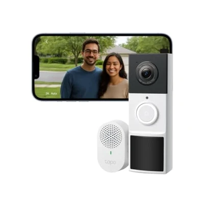 Image de Tapo D210, Sonnette Vidéo sans Fil, Alimentée par Batterie 2K 3MP, Vue Ultra Large à 160 degré, Vision Nocturne en Couleur, Détection AI, IP65 Résistant aux Intempéries