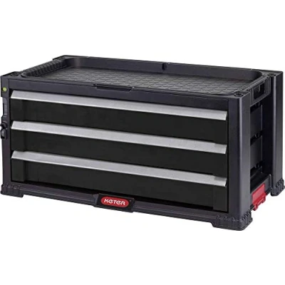 Image de Keter Module Servante 3 tiroirs Extensibles d&#039;Atelier pour Petits et Grands Outils roulettes Pivotantes Amovibles avec Freins Verrouillage Centralisé 56,2 x 28,9 26,2 cm Noir