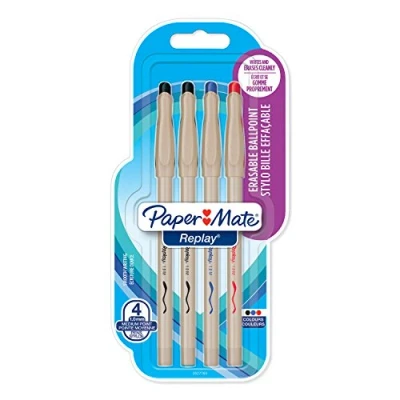 Image de PAPER MATE stylo bille effaçable Replay, pointe moyenne 1,0 mm, Assortiment de couleurs classiques, Lot 4