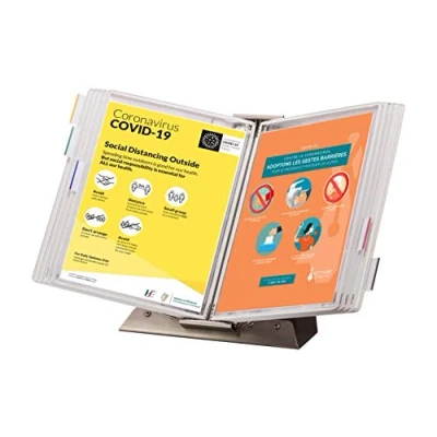 Image de Tarifold Fr 434802 Présentoir de table Kit Pupitre Inox Antimicrobien Sterifold, 10 pochettes A4 pour Consultation et Présentation des documents, Cadre Blanc