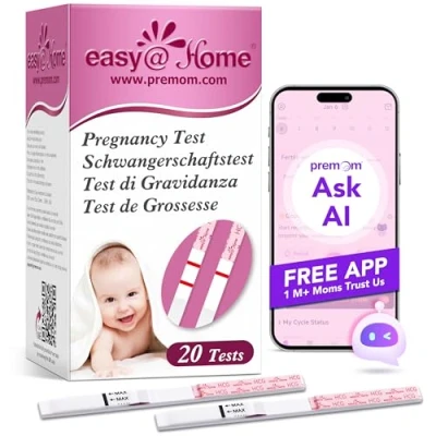 Image de Easy@Home Tests de Grossesse HCG Détection Précoce Bandelettes 10mIU/mL Résultats Précis avec une Application Française Intelligente (iOS et Android) Test Fertilité (20 hCG)