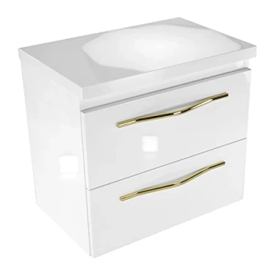 Image de paplinskimoebel Girona meuble de salle bain, 60,5 x 40 55,1 cm, avec deux tiroirs, armoire suspendue, corps brillant, blanc et doré, style glamour