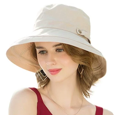 Image de SOMALER Chapeau de soleil en coton à large bord UPF50 UV pliable pour femme, Bouton décoratif beige, taille unique