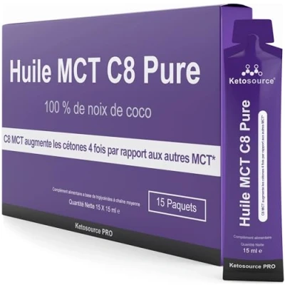 Image de Paquets d&#039;Huile MCT C8 Augmente Les Cétones 4 Fois Par Rapport aux Autres Cétogène, Paleo &amp; Végétalien Boîte de 15 portions ml Ketosource®