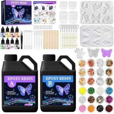 Image de KIMIGO Resine Epoxy,1020ml Epoxy Transparente,1:1 Ratio,Kit Résine Complet,Avec Pigment de résine,Feuille d&#039;or,Paillettes,pour la Fabrication Bijoux en Cristal Pendentif Bracelet