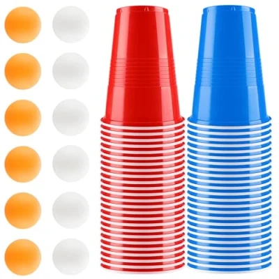 Image de Auauraintt Ensemble de gobelets à bière Pong, 50 Biere Pong(16oz) avec 12 Balles Ping réutilisables, pour Jeux Boire, fêtes, Anniversaires, Festivals, Mariages, Camping