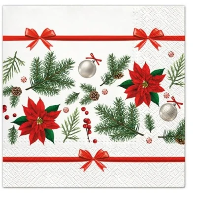 Image de Lot de 20 serviettes table en papier avec motif étoile Noël sur nœuds rouges 33 x cm