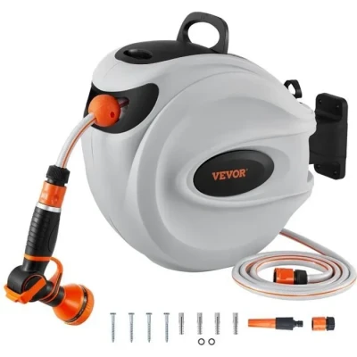 Image de VEVOR Enrouleur Tuyau Arrosage Mural 25 m x 12 mm Support Pivotant 180 Dévidoir de Tuyaux d&#039;Eau Buse à 9 Modèles 3 Adaptateurs Rapides Rembobinage Auto avec Verrou pour Arroser Pelouse Jardin Voiture