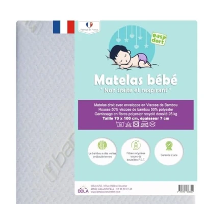 Image de Easy Dort Matelas bébé 70x100 cm Berceau ou lit Épaisseur 7 Fabriqué en France Anti bactérien Été &amp; Hiver Double Face Très Confortable Housse Bambou Oeko tex® Blanc