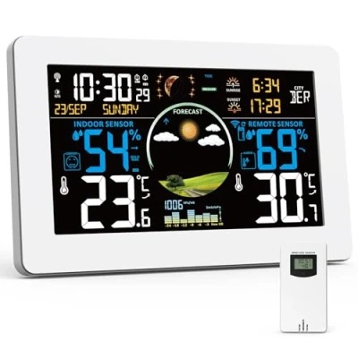 Image de VIFLYKOO Station Météo Sans Fil, Thermomètre et Hygromètre Intérieur Extérieur avec Capteur Externe, Prévisions Météo, Écran VA 7,5&quot;, Baromètre, Alarme, 4 Rétroéclairage Réglable,Blanc