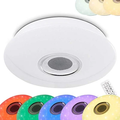 Image de hofstein Plafonnier LED Hemlo à changement de couleur et haut parleur Bluetooth, effet ciel étoilé, ton lumière variables par télécommande (incluse), 150 1160 Lumen, 18 Watt