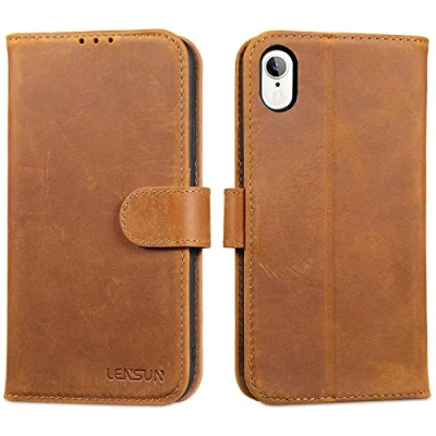 Image de LENSUN Coque pour iPhone XR, Étui Cuir Véritable Portefeuille Housse [RFID Blocage] avec Rangements Cartes et Fermoir Magnétique Compatible XR Brun Rétro