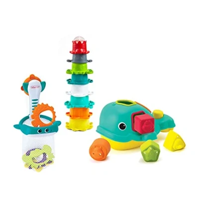 Image de INFANTINO Ocean Fun Bathtime Playset Including Orca The Shape Sorting Whale, Shoot &#039;n Scoop Pals and 8 Colourful Stacking Cups, BPA Free