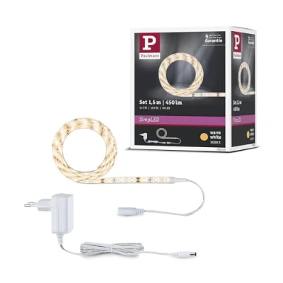 Image de Paulmann 789.53 SimpLED 78953 Ruban LED 1,5 chaud 230/12 V DC avec Bande lumineuse en plastique Blanc 5 W 3000 K, 1,5m