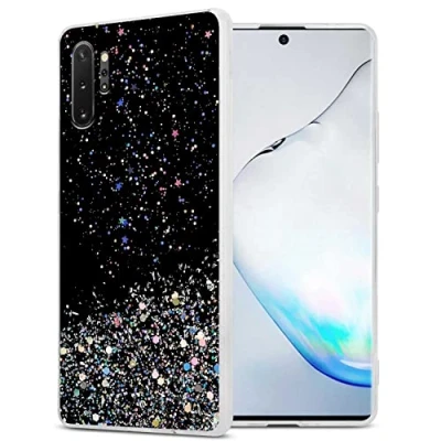 Image de cadorabo Etui Compatible avec Le Samsung Galaxy Note 10 Plus en Noir Paillettes Housse de Protection Silicone TPU Flexible Scintillantes Ultra Slim Back Case